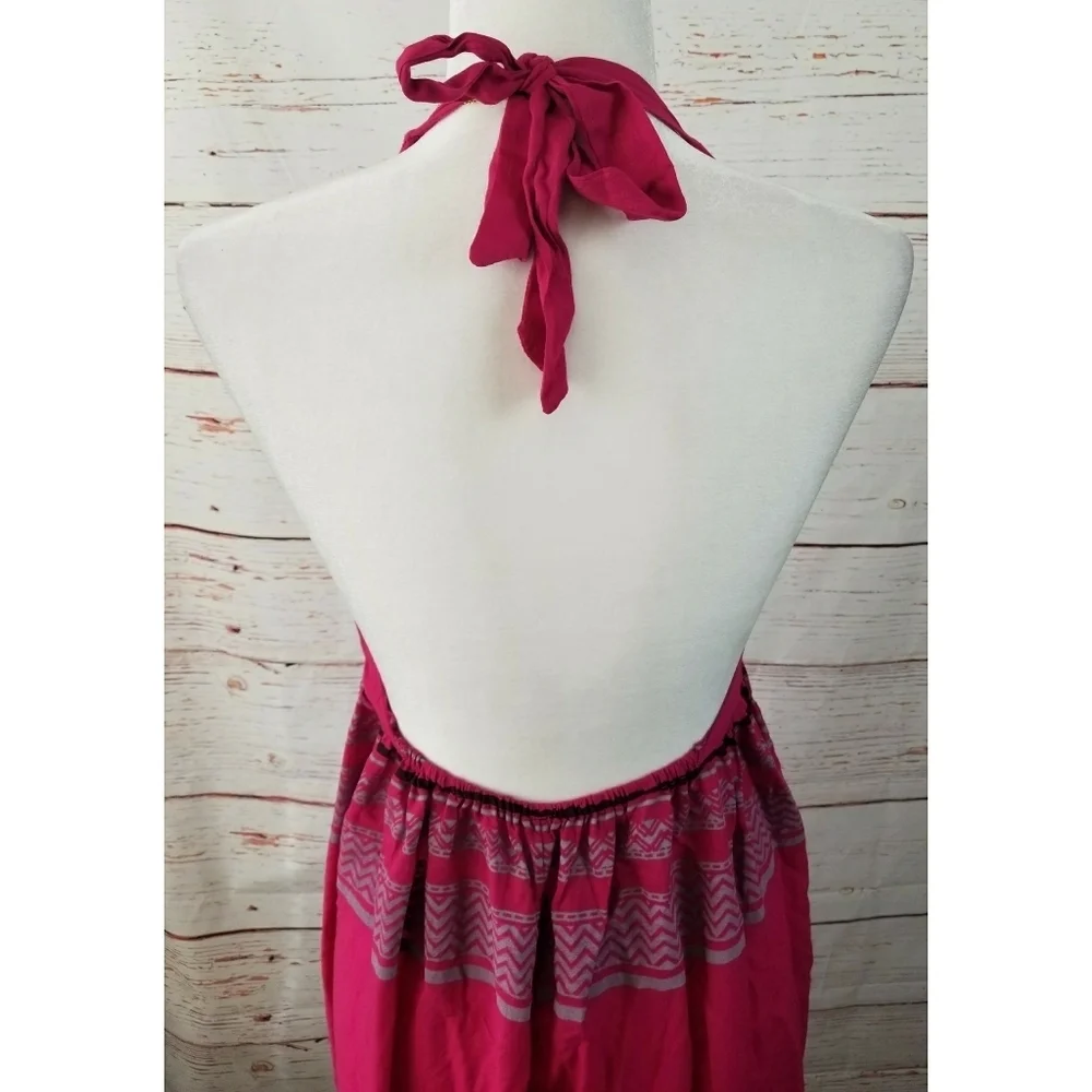 FREE PEOPLE // boho fuchsia print open back wide leg halter style jumpsuit
